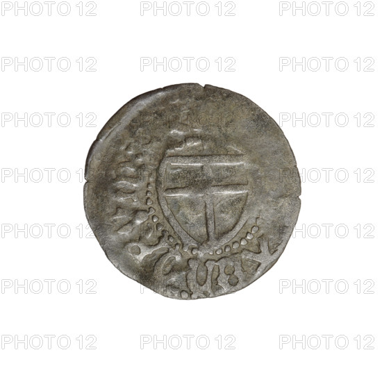 Teutonic szelag, Jan von Tiefen (Grand Master; 1489–1497); publisher: Wesner, Hans (fl. 1480–?; from 1480). Lily-shaped cross (iconographic); Teutonic shield and monastic shield of the Grand Master (iconographic); Teutonic Knights (order). Obverse: Monastic shield of the Grand Master (eagle facing right) with a cross whose elongated arms terminate in lilies, dividing the rim legend and reaching the outer rim. Rim inscription. Reverse: Monastic shield. Date: 1489–1497. State of the Teutonic Order (1226–1525), Königsberg. Coin; diameter 19.3 mm; weight 0.89 g; axis 225°.