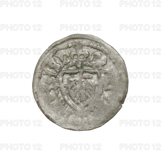 Teutonic szelag, Jan von Tiefen (Grand Master; 1489–1497); publisher: Wesner, Hans (fl. 1480–?), (from 1480). Iconography: Teutonic shield; lily-shaped cross; monastic shield of the Grand Master; Teutonic Knights (order). Obverse: Monastic shield of the Grand Master (eagle facing right) with a cross whose elongated arms terminate in lilies and reach the outer rim, dividing the rim legend. Rim inscription. Reverse: monastic shield. Date: 1489–1497. State of the Teutonic Order (1226–1525), Königsberg. Coin: diameter 19.8 mm; weight 1.15 g; axis 0°.