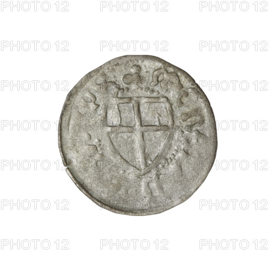 Teutonic szelag, Jan von Tiefen (Grand Master; 1489–1497). Publisher: Wesner, Hans (fl. 1480–?). Iconography: Teutonic shield; lily-shaped cross; monastic shield of the Grand Master; Teutonic Knights (order). Obverse: Monastic shield of the Grand Master (eagle facing right) with a cross whose elongated arms, terminating in lilies, reach the outer rim, dividing the rim legend. Rim inscription. Reverse: Monastic shield. Date: 1489–1497. State of the Teutonic Order (1226–1525), Königsberg. Coin. Diameter 19.8 mm; weight 1.15 g; axis 0°.