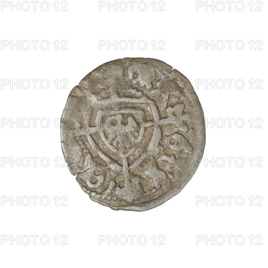 Teutonic szelag, Jan von Tiefen (Grand Master; 1489–1497), publisher Wesner, Hans (fl. 1480–?), Teutonic shield (iconographic), lily-shaped cross (iconographic), monastic shield of the Grand Master (iconographic), Teutonic Knights (order). Obv.: Monastic shield of the Grand Master (eagle facing right) with a cross whose elongated arms, terminating in lilies, reach the outer rim, dividing the rim legend. On the rim, between the pearly borders, the inscription. Rev.: Monastic shield; in the rim between the pearl borders there is an inscription, 1489–1497. State of the Teutonic Order (1226–1525), Königsberg. Coin; diameter 19.5 mm; weight 1.16 g; axis 320°.