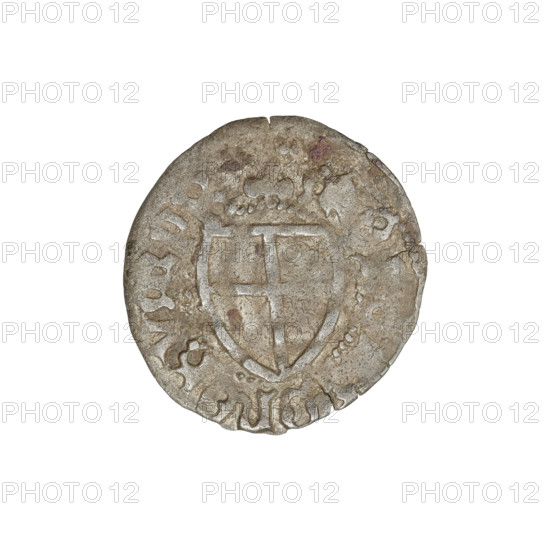 Teutonic szelag, Jan von Tiefen (Grand Master; 1489–1497); publisher: Wesner, Hans (fl. 1480–?; from 1480). Iconography: Teutonic shield, lily-shaped cross, monastic shield of the Grand Master, Teutonic Knights (order). Obverse: monastic shield of the Grand Master (eagle facing right) with a cross whose elongated arms terminate in lilies and reach the outer rim, dividing the rim legend; rim inscription. Reverse: monastic shield; rim inscription with date 1489–1497. State of the Teutonic Order (1226–1525), Königsberg. Coin: diameter 19.5 mm, weight 1.16 g, axis 320°.