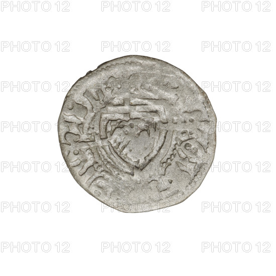 Teutonic szelag, Jan von Tiefen (Grand Master; 1489–1497), publisher Wesner, Hans (fl. 1480–?), lily-shaped cross (iconographic), monastic shield of the Grand Master (iconographic), Teutonic shield (iconographic), Teutonic Knights (order). Obverse: monastic shield of the Grand Master (eagle facing right) with a cross whose elongated arms, terminating in lilies, reach the outer rim, dividing the rim legend. Rim inscription. Date: 1489–1497. State of the Teutonic Order (1226–1525), Königsberg. Coin: diameter 19.7 mm, weight 1.32 g, axis 120°.