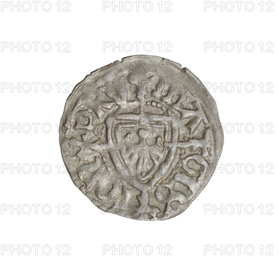 Teutonic szelag, Jan von Tiefen (Grand Master; 1489–1497), Wesner, Hans (fl. 1480–?), publisher (from 1480); lily-shaped cross (iconographic); Teutonic shield (iconographic); monastic shield of the Grand Master (iconographic); Teutonic Knights (order). Obv.: Monastic shield of the Grand Master with a cross whose elongated arms, ending in lilies, divide the rim legend and reach the outer rim. Rev.: Monastic shield. Rim inscription: 1489–1497. State of the Teutonic Order (1226–1525), Königsberg. Coin; diameter 20 mm; weight 1.29 g; axis 315°.