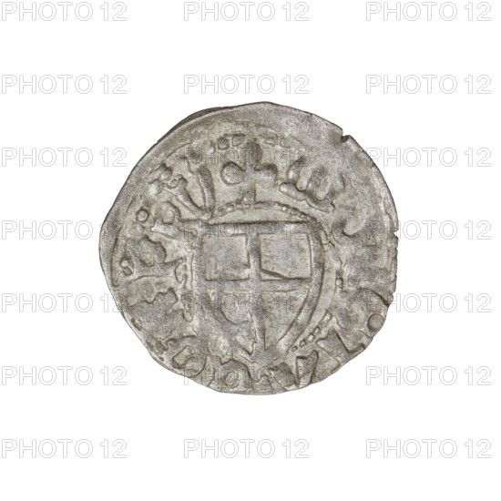 Teutonic szelag, Jan von Tiefen (Grand Master; 1489–1497), Wesner, Hans (fl. 1480–?), publisher (from 1480); lily-shaped cross (iconographic); Teutonic shield (iconographic); monastic shield of the Grand Master (iconographic); Teutonic Knights (order). Obv. Monastic shield of the Grand Master with a cross whose elongated arms, ending in lilies, divide the rim legend and reach the outer rim. On the rim, between the pearly borders, the inscription. Rev. Monastic shield. In the rim between the pearl borders there is an inscription, 1489–1497. State of the Teutonic Order (1226–1525), Königsberg; coin; diameter 20 mm; weight 1.29 g; axis 315°.