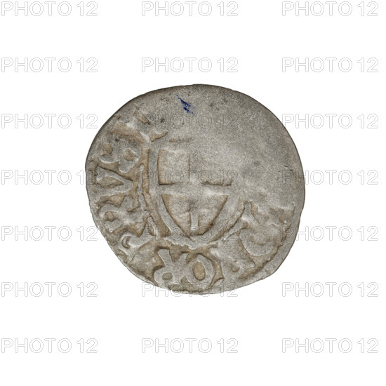 Teutonic szelag, Jan von Tiefen (Grand Master; 1489–1497); Wesner, Hans (fl. 1480–?), publisher (from 1480). Obverse: monastic shield of the Grand Master with a cross whose elongated, lily-terminating arms divide the rim legend and reach the outer rim. Inscription on the rim between pearly borders. Reverse: monastic shield. Date: 1489–1497. Teutonic Order (1226–1525), Königsberg. Coin: diameter 19.6 mm, weight 0.92 g, axis 330°. Iconography: Teutonic shield, monastic shield of the Grand Master, lily-shaped cross; Teutonic Knights (order).