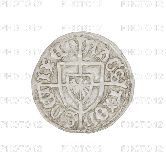 Teutonic groschen, Jan von Tiefen (Grand Master; 1489–1497), Wesner, Hans (fl. 1480–?), publisher. Obverse: Monastic shield of the Grand Master with a cross whose elongated, widening arms divide the rim legend and reach the outer rim; on the rim, between the pearly borders, the inscription. Reverse: Teutonic shield with a cross with elongated arms dividing the rim legend and reaching the outer rim; on the rim, between the pearly borders, the inscription. Date: 1492–1497. State of the Teutonic Order (1226–1525), Königsberg. Coin; diameter 20.8 mm; weight 1.60 g; axis 225°.