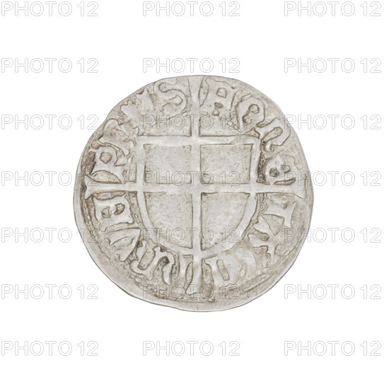 Teutonic groschen, Jan von Tiefen (Grand Master; 1489–1497), Wesner, Hans (fl. 1480–?), publisher. Obverse: Monastic shield of the Grand Master with a cross whose elongated, widening arms divide the rim legend and reach the outer rim; on the rim, between the pearly borders, an inscription. Reverse: Teutonic shield with a cross with elongated arms dividing the rim legend and reaching the outer rim; on the rim, between the pearly borders, an inscription. Date: 1492–1497. State of the Teutonic Order (1226–1525), Königsberg. Coin; diameter 20.8 mm; weight 1.60 g; axis 225°.