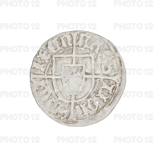Teutonic groschen, Jan von Tiefen (Grand Master; 1489–1497), Wesner, Hans (fl. 1480–?), publisher. Obverse: monastic shield of the Grand Master with a cross whose elongated, widening arms divide the rim legend and reach the outer rim; on the rim, between the pearly borders, the inscription. Reverse: Teutonic shield with a cross with elongated arms dividing the rim legend and reaching the outer rim; on the rim, between the pearly rims, the inscription. Date: 1492–1497. State of the Teutonic Order (1226–1525), Königsberg. Coin; diameter 20.8 mm; weight 1.59 g; axis 45°.