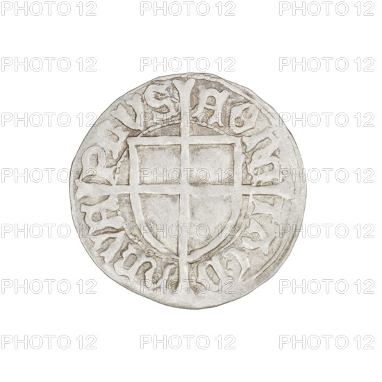 Teutonic groschen, Jan von Tiefen (Grand Master; 1489–1497), publisher Wesner, Hans (fl. 1480–?), obverse: monastic shield of the Grand Master with a cross whose elongated, widening arms divide the rim legend and reach the outer rim; rim inscription between pearly borders. Reverse: Teutonic shield with a cross with elongated arms dividing the rim legend and reaching the outer rim; rim inscription between pearly borders. Date: 1492–1497. State of the Teutonic Order (1226–1525), Königsberg. Coin; diameter 20.8 mm; weight 1.59 g; axis 45°.