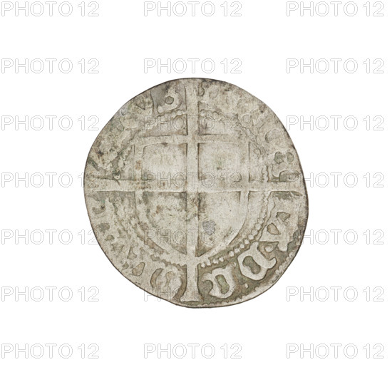 Teutonic groschen, Jan von Tiefen (Grand Master; 1489–1497), Wesner, Hans (fl. 1480–?), publisher. Obverse: monastic shield of the Grand Master with a cross whose elongated, widening arms divide the rim legend and reach the outer rim; inscription in the rim between pearly borders. Reverse: monastic shield with a cross with elongated arms dividing the rim legend and reaching the outer rim; inscription in the rim between pearly borders. Date: 1492–1497. State of the Teutonic Order (1226–1525), Königsberg. Coin; diameter 20 mm; weight 1.22 g; axis 20°.