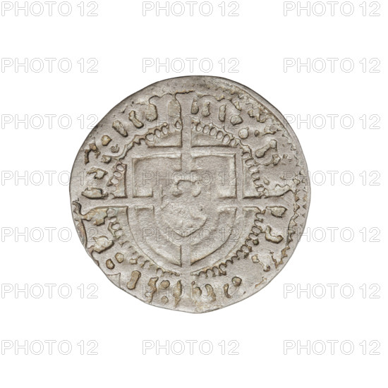 Teutonic groschen, Jan von Tiefen (Grand Master; 1489–1497), publisher Wesner, Hans (fl. 1480–?), iconography: Teutonic shield, cross with elongated arms, monastic shield of the Grand Master. Obverse: monastic shield of the Grand Master with a cross whose elongated, widening arms divide the rim legend and reach the outer rim; on the rim, between the pearly borders, inscription. Reverse: Teutonic shield with a cross with elongated arms dividing the rim legend and reaching the outer rim; on the rim, between the pearly rims, inscription. Date: 1492–1497. State of the Teutonic Order (1226–1525), Königsberg. Coin: diameter 20.8 mm, weight 1.60 g, axis 100°. Damaged stamps (obverse).