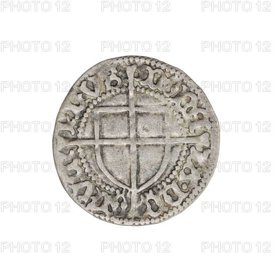 Teutonic groschen, Jan von Tiefen (Grand Master; 1489–1497), Wesner, Hans (fl. 1480–?), publisher. Obverse: monastic shield of the Grand Master with a cross whose elongated, widening arms divide the rim legend and reach the outer rim; on the rim, between the pearly borders, the inscription. Reverse: Teutonic shield with a cross with elongated arms dividing the rim legend and reaching the outer rim; on the rim, between the pearly rims, the inscription. Dated 1492–1497. State of the Teutonic Order (1226–1525), Königsberg. Coin; diameter 20.8 mm, weight 1.60 g, axis 100°. Damaged stamps (obverse). Teutonic Knights (order).