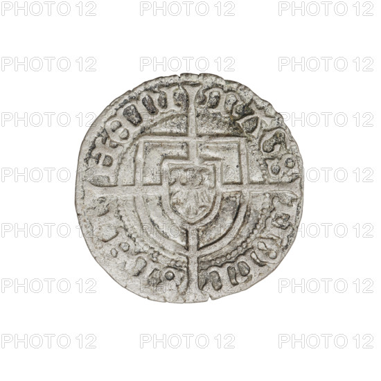 Teutonic groschen, Jan von Tiefen (Grand Master; 1489–1497), publisher: Wesner, Hans (fl. 1480–?), motif: cross with elongated arms; Teutonic shield; monastic shield of the Grand Master. Obverse: monastic shield of the Grand Master with a cross whose elongated, widening arms divide the rim legend and reach the outer rim; on the rim, between the pearly borders, the inscription. Reverse: Teutonic shield with a cross with elongated arms dividing the rim legend and reaching the outer rim; on the rim, between the pearly rims, the inscription. Date: 1492–1497. State of the Teutonic Order (1226–1525), Königsberg. Coin; diameter 20.6 mm; weight 1.92 g; axis 350°.