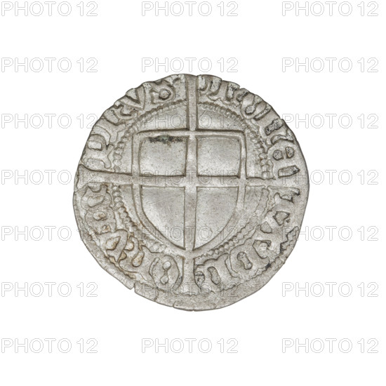 Teutonic groschen, Jan von Tiefen (Grand Master; 1489–1497), Wesner, Hans (fl. 1480–?), publisher; cross with elongated arms, Teutonic shield, monastic shield of the Grand Master. Obverse: monastic shield of the Grand Master with a cross whose elongated, widening arms divide the rim legend and reach the outer rim; on the rim, between the pearly borders, the inscription. Reverse: Teutonic shield with a cross with elongated arms dividing the rim legend and reaching the outer rim; on the rim, between the pearly rims, the inscription. Date: 1492–1497. State of the Teutonic Order (1226–1525), Königsberg. Coin; diameter 20.6 mm; weight 1.92 g; axis 350°.