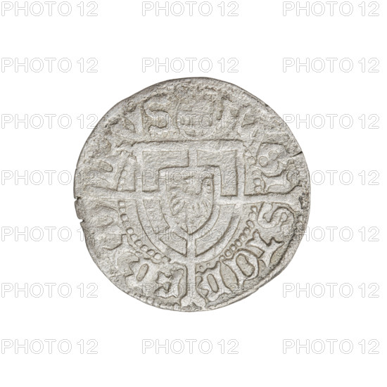 Teutonic groschen, Frederick of Saxony (Grand Master; 1498–1510); Wesner, Hans (fl. 1480–?), publisher. Obverse: Teutonic shield of the Grand Master with a cross whose elongated, widening arms divide the rim legend and reach the outer rim; the upper arm of the cross reaches the edge of the shield, above it on the rim is the Saxon coat of arms beginning the rim legend. Reverse: Teutonic shield with a cross with elongated arms dividing the rim legend and reaching the outer rim. On the rim, between the pearly borders, the inscription. Date range: 1498–1510. State of the Teutonic Order (1226–1525), Königsberg. Coin; diameter 20.5 mm; weight 1.59 g; axis 225°. Damaged stamps (obverse). R6 (rarity). Teutonic Knights (order).