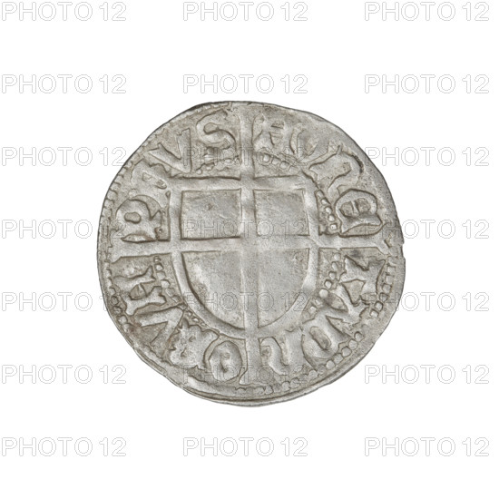 Teutonic groschen, Frederick of Saxony (Grand Master; 1498–1510), publisher: Wesner, Hans (fl. 1480–?), iconography: cross with elongated arms, Teutonic shield, monastic shield of the Grand Master, Saxon coat of arms; rarity R6. Obverse: monastic shield of the Grand Master with a cross whose elongated, widening arms divide the rim legend and reach the outer rim; the upper arm of the cross reaches the edge of the shield, above it on the rim is the Saxon coat of arms beginning the rim legend. Reverse: Teutonic shield with a cross with elongated arms dividing the rim legend and reaching the outer rim. On the rim, between the pearly borders, the inscription. Date: 1498–1510. Issue: State of the Teutonic Order (1226–1525), Königsberg. Coin, diameter 20.9 mm, weight 1.31 g, axis 45°.