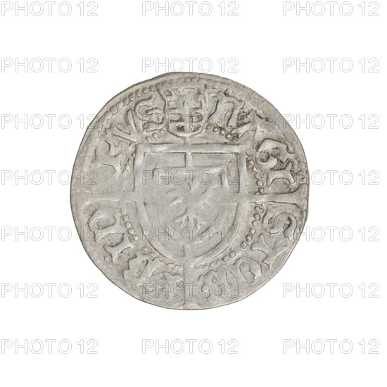 Teutonic groschen, Frederick of Saxony (Grand Master; 1498–1510), publisher: Wesner, Hans (fl. 1480–?), cross with elongated arms (iconographic), Teutonic shield (iconographic), Teutonic shield of the Grand Master (iconographic), Saxon coat of arms, R6 (rarity), Teutonic Knights (order). Obverse: Teutonic shield of the Grand Master with a cross whose elongated, widening arms divide the legend and reach the outer rim; the upper arm of the cross reaches the edge of the shield, above it in the rim a Saxon coat of arms beginning the rim legend. Reverse: Teutonic shield with a cross with elongated arms dividing the rim legend and reaching the outer rim. In the rim, between the pearly borders, the inscription. Date: 1498–1510. State of the Teutonic Order (1226–1525), Königsberg. Coin; diameter 20.8 mm; weight 1.41 g; axis 135°.