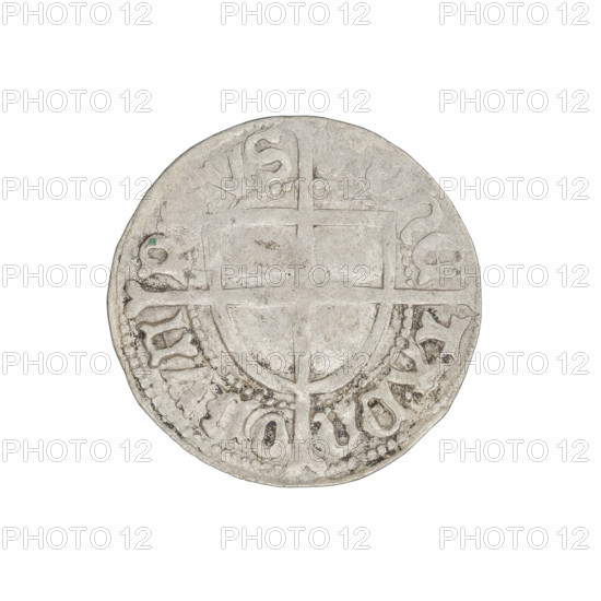 Teutonic groschen, Frederick of Saxony (Grand Master; 1498–1510), publisher Wesner, Hans (fl. 1480–?), iconography: cross with elongated arms, Teutonic shield, Teutonic shield of the Grand Master, Saxon coat of arms; rarity R6; order: Teutonic Knights. Obverse: Teutonic shield of the Grand Master with a cross whose elongated, widening arms divide the legend and reach the outer rim; the upper arm of the cross reaches the edge of the shield, above it in the rim a Saxon coat of arms beginning the rim legend. Reverse: Teutonic shield with a cross with elongated arms dividing the rim legend and reaching the outer rim. In the rim, between the pearly borders, the inscription. Date: 1498–1510. State of the Teutonic Order (1226–1525), Königsberg. Coin: diameter 20.8 mm, weight 1.41 g, axis 135°.