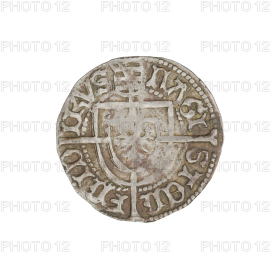 Teutonic groschen, Frederick of Saxony (Grand Master; 1498–1510), Wesner, Hans (fl. 1480–?), publisher. Obverse: Teutonic shield of the Grand Master with a cross whose elongated, widening arms divide the rim legend and reach the outer rim; the upper arm of the cross reaches the edge of the shield, above it on the rim is the Saxon coat of arms beginning the rim legend. Reverse: Teutonic shield with a cross with elongated arms dividing the rim legend and reaching the outer rim. On the rim, between the beaded rims, the inscription 1498–1510. State of the Teutonic Order (1226–1525), Königsberg. Coin; diameter 20.5 mm, weight 1.41 g, axis 90°. R6 (rarity).