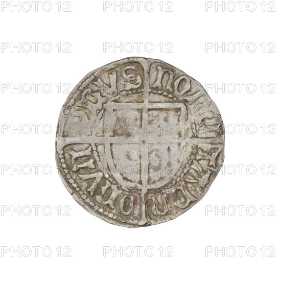 Teutonic groschen, Frederick of Saxony (Grand Master; 1498–1510), Wesner, Hans (fl. 1480–?), publisher; cross with elongated arms; Teutonic shield; Saxon coat of arms; punch AR; R6 (rarity); Teutonic Knights (order). Obverse: Teutonic shield of the Grand Master with a cross whose elongated, widening arms divide the rim legend and reach the outer rim; the upper arm of the cross reaches the edge of the shield, above it on the rim is the Saxon coat of arms beginning the rim legend. Reverse: Teutonic shield with a cross with elongated arms dividing the rim legend and reaching the outer rim; on the rim, between the beaded rims, the inscription 1498–1510. State of the Teutonic Order (1226–1525), Königsberg; coin; diameter 20.5 mm; weight 1.41 g; axis 90°.
