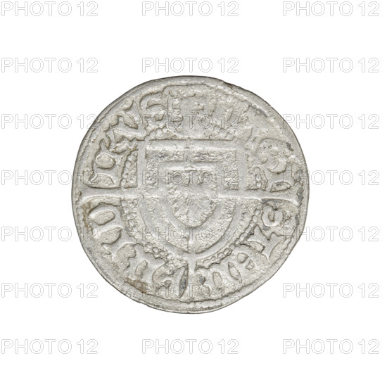 Teutonic groschen, Frederick of Saxony (Grand Master; 1498–1510); publisher: Wesner, Hans (fl. 1480–?); subjects/iconography: Teutonic shield, Teutonic order shield of the Grand Master, cross with elongated arms, Saxon coat of arms escutcheon; rarity: R6. Obverse: Teutonic order shield of the Grand Master with a cross whose elongated, widening arms divide the ring legend and reach the outer rim; the upper arm of the cross reaches the edge of the shield, and above it on the rim is a Saxon coat of arms beginning the ring legend. Reverse: Teutonic order shield with a cross with elongated arms dividing the ring legend and reaching the outer rim; in the rim between the pearl borders there is an inscription. Date: 1498–1510. State of the Teutonic Order (1226–1525), Königsberg. Coin (groschen). Diameter 20.8 mm; weight 1.49 g; axis 90°.