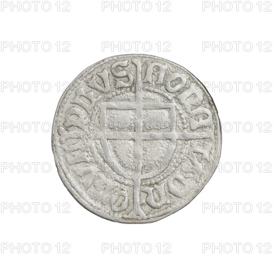 Teutonic groschen, Frederick of Saxony (Grand Master; 1498–1510); publisher: Hans Wesner (fl. 1480–?); iconography: Teutonic shield, Teutonic order shield of the Grand Master, cross with elongated arms, Saxon coat of arms escutcheon; rarity: R6. Obverse: Teutonic order shield of the Grand Master with a cross whose elongated, widening arms divide the ring legend and reach the outer rim; the upper arm of the cross reaches the edge of the shield, above it on the rim is a Saxon coat of arms beginning the ring legend. Reverse: Teutonic order shield with a cross with elongated arms dividing the ring legend and reaching the outer rim; in the rim between the pearl borders there is an inscription. Date: 1498–1510. Issuing state: State of the Teutonic Order (1226–1525), Königsberg. Coin; diameter 20.8 mm; weight 1.49 g; axis 90°.