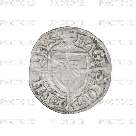 Teutonic groschen, Frederick of Saxony (Grand Master; 1498–1510); publisher: Hans Wesner (fl. 1480–?); obverse: Teutonic Order’s shield with a cross whose elongated, widening arms divide the rim legend and reach the outer rim; the upper arm of the cross reaches the edge of the shield, above it on the rim is the Saxon coat of arms beginning the rim legend. Reverse: Teutonic shield with a cross with elongated arms dividing the rim legend and reaching the outer rim. On the rim, between the pearly borders, the inscription. Date: 1498–1510; State of the Teutonic Order (1226–1525), Königsberg; coin, weight 1.52 g; axis 315°. R6 (rarity).