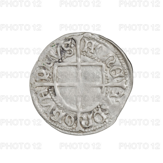 Teutonic groschen, Frederick of Saxony (Grand Master; 1498–1510), publisher Wesner, Hans (fl. 1480–?), Teutonic shield (iconographic), Teutonic Order's shield (iconographic), cross with elongated arms (iconographic), Saxon coat of arms, R6 (rarity), Teutonic Knights (order). Obverse: Teutonic Order's shield with a cross whose elongated, widening arms divide the rim legend and reach the outer rim; the upper arm of the cross reaches the edge of the shield, above it on the rim is the Saxon coat of arms beginning the rim legend. Reverse: Teutonic shield with a cross with elongated arms dividing the rim legend and reaching the outer rim. On the rim, between the pearly borders, the inscription. Date: 1498–1510. State of the Teutonic Order (1226–1525), Königsberg. Coin, weight 1.52 g, axis 315°.