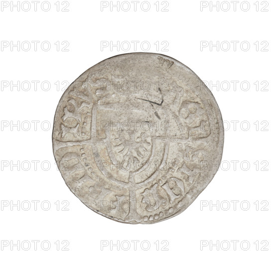 Teutonic groschen, Frederick of Saxony (Grand Master; 1498–1510), Wesner, Hans (fl. 1480–?), publisher. Obverse: Teutonic shield of the Grand Master with a cross whose elongated, widening arms divide the rim legend and reach the outer rim; the upper arm reaches the edge of the shield, above it on the rim is the Saxon coat of arms beginning the rim legend. Reverse: Teutonic shield with a cross with elongated arms dividing the rim legend and reaching the outer rim. On the rim, between beaded rims, the inscription. Date: 1498–1510. Issuer: State of the Teutonic Order (1226–1525), Königsberg. Coin; diameter 21.1 mm; weight 1.63 g; axis 315°. Punch AR; R6 (rarity).