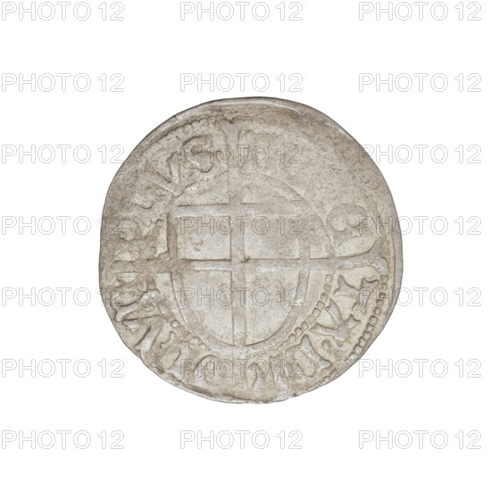 Teutonic groschen, Frederick of Saxony (Grand Master; 1498–1510), Wesner, Hans (fl. 1480–?), publisher. Obverse: Teutonic shield of the Grand Master with a cross whose elongated, widening arms divide the rim legend and reach the outer rim; the upper arm of the cross reaches the edge of the shield, above it on the rim is the Saxon coat of arms beginning the rim legend. Reverse: Teutonic shield with a cross with elongated arms dividing the rim legend and reaching the outer rim. On the rim, between the beaded rims, the inscription. 1498–1510. State of the Teutonic Order (1226–1525), Königsberg. Coin; diameter 21.1 mm; weight 1.63 g; axis 315°. Punch AR; R6 (rarity).