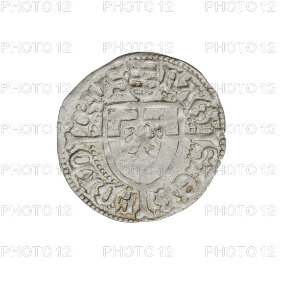 Teutonic groschen, Frederick of Saxony (Grand Master; 1498–1510), publisher Wesner, Hans (fl. 1480–?), cross with elongated arms (iconographic), Teutonic shield (iconographic), monastic shield of the Grand Master (iconographic), Saxon coat of arms, R6 (rarity), Teutonic Knights (order). Obverse: Monastic shield of the Grand Master with a cross whose elongated, widening arms divide the rim legend and reach the outer rim; the upper arm of the cross reaches the edge of the shield, above it in the rim is the Saxon coat of arms beginning the rim legend. Reverse: Teutonic shield with a cross with elongated arms dividing the rim legend and reaching the outer rim. On the rim, between the pearly borders, the inscription. Date: 1498–1510. State of the Teutonic Order (1226–1525), Königsberg. Coin; diameter 20.8 mm; weight 1.38 g; axis 45°.