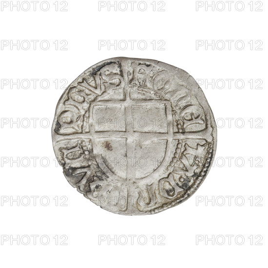 Teutonic groschen, Frederick of Saxony (Grand Master; 1498–1510), publisher: Wesner, Hans (fl. 1480–?), iconography: cross with elongated arms, Teutonic shield, monastic shield of the Grand Master, Saxon coat of arms; rarity R6. Obverse: monastic shield of the Grand Master with a cross whose elongated, widening arms divide the rim legend and reach the outer rim; the upper arm of the cross reaches the edge of the shield, above it in the rim is the Saxon coat of arms beginning the rim legend. Reverse: Teutonic shield with a cross with elongated arms dividing the rim legend and reaching the outer rim. On the rim, between the pearly borders, the inscription. Date: 1498–1510. State of the Teutonic Order (1226–1525), Königsberg. Coin; diameter 20.8 mm; weight 1.38 g; axis 45°.