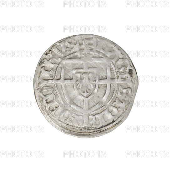 Teutonic groschen, Frederick of Saxony (Grand Master; 1498–1510), Wesner, Hans (fl. 1480–?), publisher. Obverse: Teutonic shield of the Grand Master with a cross whose elongated, widening arms divide the rim legend and reach the outer rim; the upper arm reaches the edge of the shield, above it on the rim is the Saxon coat of arms beginning the rim legend. Reverse: Teutonic shield with a cross with elongated arms dividing the rim legend and reaching the outer rim. On the rim, between the pearly borders, the inscription. Date: 1498–1510. State of the Teutonic Order (1226–1525), Königsberg. Coin; diameter 20.4 mm, weight 1.43 g, axis 315°. R6 (rarity). Teutonic Knights (order).
