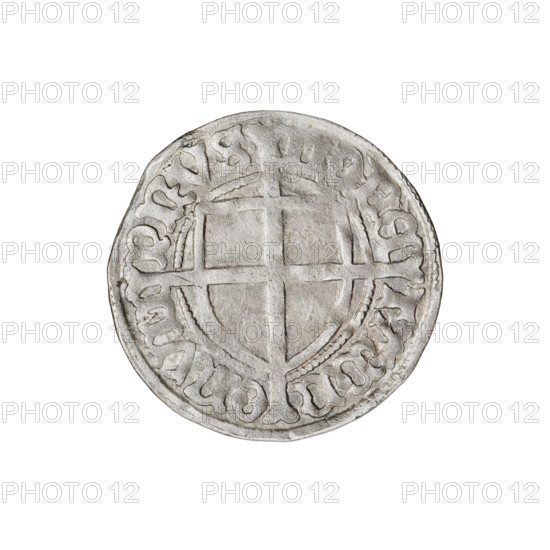 Teutonic groschen, Frederick of Saxony (Grand Master; 1498–1510), Wesner, Hans (fl. 1480–?), publisher; cross with elongated arms (iconographic); Teutonic shield (iconographic); Teutonic shield of the Grand Master (iconographic); Saxon coat of arms. Obverse: Teutonic shield of the Grand Master with a cross whose elongated, widening arms divide the rim legend and reach the outer rim. The upper arm of the cross reaches the edge of the shield; above it on the rim is the Saxon coat of arms beginning the rim legend. Reverse: Teutonic shield with a cross with elongated arms dividing the rim legend and reaching the outer rim. On the rim, between the pearly borders, the inscription 1498–1510. State of the Teutonic Order (1226–1525), Königsberg. Coin; diameter 20.4 mm; weight 1.43 g; axis 315°. R6 (rarity).