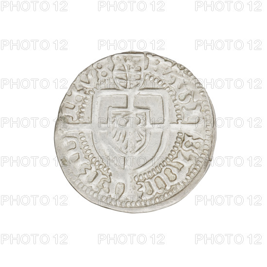 Teutonic groschen, Frederick of Saxony (Grand Master; 1498–1510), Wesner, Hans (fl. 1480–?), publisher. Obverse: Monastic shield of the Grand Master with a cross whose elongated, widening arms divide the rim legend and reach the outer rim; the upper arm of the cross reaches the edge of the shield, above it in the rim is the Saxon coat of arms beginning the rim legend. Reverse: Teutonic shield with a cross with elongated arms dividing the rim legend and reaching the outer rim; in the rim, between the beaded borders, the inscription. Date: 1498–1510. State of the Teutonic Order (1226–1525), Königsberg. Coin; diameter 20.7 mm; weight 1.33 g; axis 0°.
