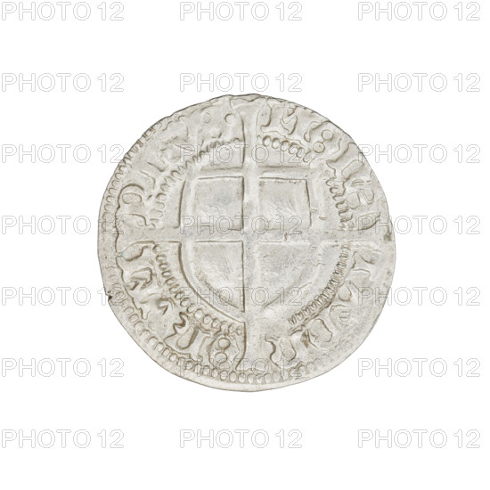 Teutonic groschen, Frederick of Saxony (Grand Master; 1498–1510), Wesner, Hans (fl. 1480–?), publisher. Obverse: Monastic shield of the Grand Master with a cross whose elongated, widening arms divide the rim legend and reach the outer rim; the upper arm of the cross reaches the edge of the shield, above it the Saxon coat of arms beginning the rim legend. Reverse: Teutonic shield with a cross with elongated arms dividing the rim legend and reaching the outer rim. In the rim, between the beaded borders, the inscription. 1498–1510, State of the Teutonic Order (1226–1525), Königsberg. Coin; diameter 20.7 mm, weight 1.33 g, axis 0°.