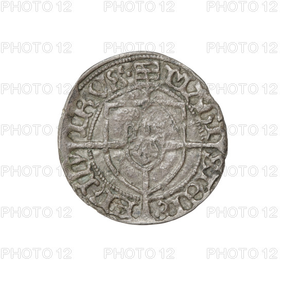 Teutonic groschen, Frederick of Saxony (Grand Master; 1498–1510). Publisher: Hans Wesner (fl. 1480–?). Obverse: Monastic shield of the Grand Master with a cross whose elongated, widening arms divide the ring legend and reach the outer rim; the upper arm reaches the edge of the shield, above it on the rim a Saxon coat of arms beginning the ring legend. Reverse: Monastic shield with a cross with elongated arms dividing the ring legend and reaching the outer rim; in the rim between the pearl borders there is an inscription. Date: 1498–1510. Issued by the State of the Teutonic Order (1226–1525), Königsberg. Coin; diameter 20.8 mm; weight 1.18 g; axis 290°.