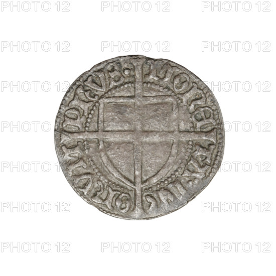 Teutonic groschen, Frederick of Saxony (Grand Master; 1498–1510), publisher Wesner, Hans (fl. 1480–?), iconography: cross with elongated arms, Teutonic shield, monastic shield of the Grand Master, Saxon coat of arms; Teutonic Knights (order). Obverse: monastic shield of the Grand Master with a cross whose elongated, widening arms divide the ring legend and reach the outer rim; the upper arm of the cross reaches the edge of the shield, above it on the rim a Saxon coat of arms beginning the ring legend. Reverse: monastic shield with a cross with elongated arms dividing the ring legend and reaching the outer rim; in the rim between the pearl borders there is an inscription. Date: 1498–1510. State of the Teutonic Order (1226–1525), Königsberg. Coin: diameter 20.8 mm, weight 1.18 g, axis 290°.