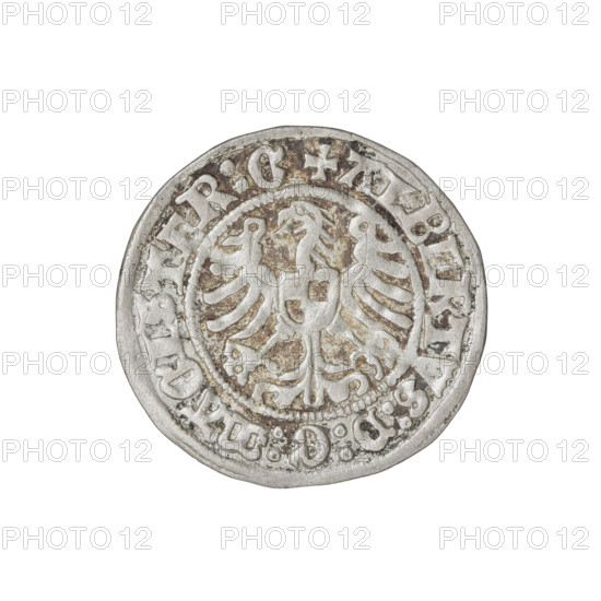 Teutonic groschen, Albrecht Hohenzollern (prince in Prussia; Grand Master; 1490–1568). Obverse: Brandenburg eagle with the Hohenzollern shield on its chest; on the rim, between pearly borders, an inscription. Reverse: monastic shield of the Grand Master with a cross whose elongated, widening arms divide the rim legend and reach the outer rim; in the rim between the pearl borders there is an inscription. Dated 1513. State of the Teutonic Order (1226–1525), Königsberg. Coin; diameter 20.9 mm; weight 1.45 g; axis 0°.