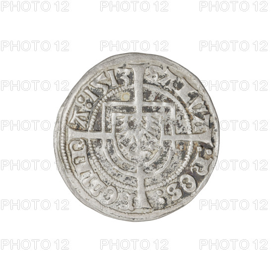 Teutonic groschen of Albrecht Hohenzollern (prince in Prussia; Grand Master; 1490–1568). Obverse: Brandenburg eagle with the Hohenzollern shield on his chest; on the rim, between the pearly borders, an inscription. Reverse: monastic shield of the Grand Master with a cross whose elongated, widening arms divide the rim legend and reach the outer rim; in the rim between the pearl borders there is an inscription. Dated 1513. State of the Teutonic Order (1226–1525), Königsberg. Coin; diameter 20.9 mm; weight 1.45 g; axis 0°.