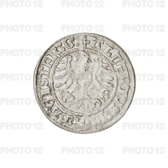 Teutonic groschen, Albrecht Hohenzollern (prince in Prussia; Grand Master; 1490–1568), R6 (rarity). Obverse: Brandenburg eagle with the Hohenzollern shield on its chest; on the rim between the pearly borders an inscription. Reverse: Monastic shield of the Grand Master with a cross whose elongated, widening arms divide the rim legend and reach the outer rim; on the rim between the pearl borders an inscription. 1514. State of the Teutonic Order (1226–1525), Königsberg. Coin, diameter 20.6 mm, weight 1.41 g, axis 170°. Hohenzollern coat of arms; Teutonic Knights (order). Iconography: cross with elongated arms; monastic shield; Brandenburg eagle.