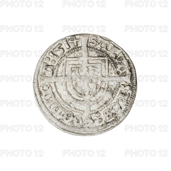 Teutonic groschen, Albrecht Hohenzollern (prince in Prussia; Grand Master; 1490–1568), R6 (rarity). Obverse: Brandenburg eagle with the Hohenzollern shield on its chest; on the rim, between the pearly borders, an inscription. Reverse: Monastic shield of the Grand Master with a cross whose elongated, widening arms divide the rim legend and reach the outer rim; on the rim between the pearl borders there is an inscription. Dated 1514. State of the Teutonic Order (1226–1525), Königsberg. Coin; diameter 20.6 mm; weight 1.41 g; axis 170°. Icons: cross with elongated arms, monastic shield of the Grand Master, Brandenburg eagle, Hohenzollern coat of arms; Teutonic Knights (order).