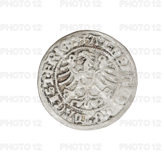 Teutonic groschen, Albrecht Hohenzollern (prince in Prussia; Grand Master; 1490–1568). Obverse: Brandenburg eagle with the Hohenzollern shield on its chest; on the rim between the pearl borders an inscription. Reverse: monastic shield of the Grand Master with a cross whose elongated, widening arms divide the rim legend and reach the outer rim; on the rim between the pearl borders an inscription. Date: 1513. State of the Teutonic Order (1226–1525), Königsberg. Coin; diameter 20.6 mm; weight 1.41 g; axis 135°. Icons: cross with elongated arms; Hohenzollern coat of arms; Teutonic Knights (order).