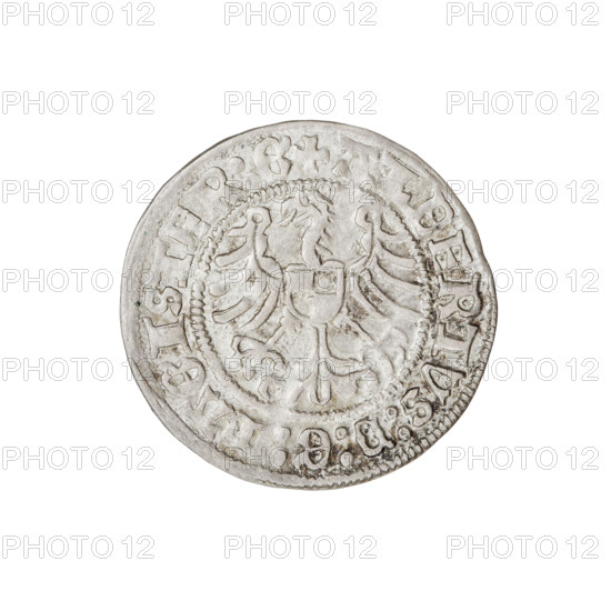 Teutonic groschen, Albrecht Hohenzollern (prince in Prussia; Grand Master; 1490–1568), R6 (rarity). Obv.: Brandenburg eagle with the Hohenzollern shield on its breast. On the rim, between the pearly borders, the inscription. Rev.: Monastic shield of the Grand Master with a cross whose elongated, widening arms divide the rim legend and reach the outer rim. In the rim between the pearl borders there is an inscription. 1514. State of the Teutonic Order (1226–1525), Königsberg. Coin; diameter 20.4 mm; weight 1.31 g; axis 0 degrees.