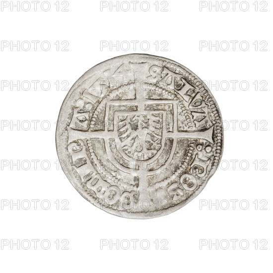 Teutonic groschen, Albrecht Hohenzollern (prince in Prussia; Grand Master; 1490–1568), R6 (rarity). Cross with elongated arms (iconographic), monastic shield of the Grand Master (iconographic), Hohenzollern coat of arms, Brandenburg eagle (iconographic), Teutonic Knights (order). Obv. Brandenburg eagle with the Hohenzollern shield on its breast. On the rim, between the pearly borders, the inscription. Rev. Monastic shield of the Grand Master with a cross whose elongated, widening arms divide the rim legend and reach the outer rim. In the rim between the pearl borders there is an inscription. 1514. State of the Teutonic Order (1226–1525), Königsberg. Coin, diameter 20.4 mm, weight 1.31 g, axis 0 degrees.