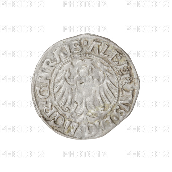 Teutonic groschen, Albrecht Hohenzollern (prince in Prussia; Grand Master; 1490–1568). Obverse: Brandenburg eagle with the Hohenzollern shield on his chest; on the rim between the pearl borders an inscription. Reverse: monastic shield of the Grand Master with a cross whose elongated, widening arms divide the rim legend and reach the outer rim; on the rim between the pearl borders an inscription. Iconography: cross with elongated arms, monastic shield, Brandenburg eagle, Hohenzollern coat of arms. Date: 1515. State of the Teutonic Order (1226–1525), Königsberg. Coin; diameter 21.2 mm; weight 1.36 g; axis 120°.