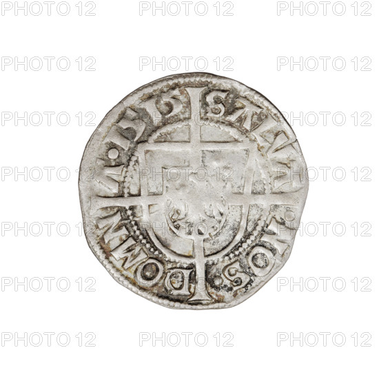 Teutonic groschen, Albrecht Hohenzollern (prince in Prussia; Grand Master; 1490–1568). Obverse: Brandenburg eagle with the Hohenzollern shield on his chest; on the rim, between the pearl borders, an inscription. Reverse: monastic shield of the Grand Master with a cross whose elongated, widening arms divide the rim legend and reach the outer rim; in the rim between the pearl borders there is an inscription. Iconography: cross with elongated arms, monastic shield, Brandenburg eagle, Hohenzollern coat of arms. Date: 1515. Issuer: State of the Teutonic Order (1226–1525), Königsberg. Coin type: groschen; diameter 21.2 mm; weight 1.36 g; axis 120°.
