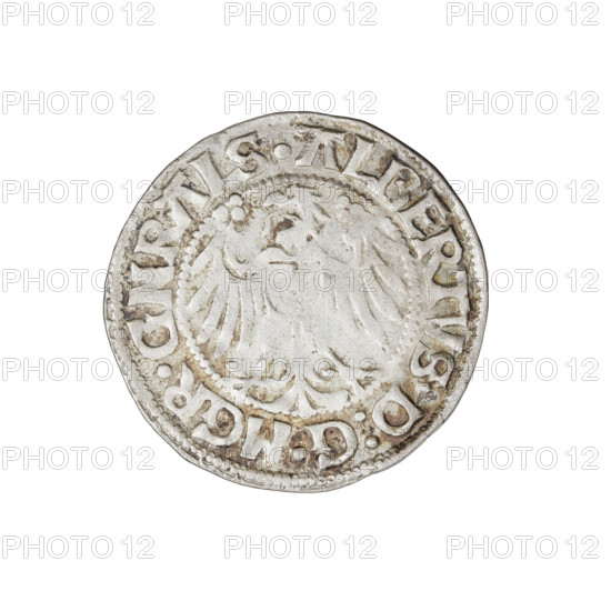 Teutonic groschen, Albrecht Hohenzollern (prince in Prussia; Grand Master; 1490–1568). Obverse: Brandenburg eagle with the Hohenzollern shield on its chest; on the rim between the pearly borders an inscription. Reverse: monastic shield of the Grand Master with a cross whose elongated, widening arms divide the rim legend and reach the outer rim; in the rim between the pearl borders an inscription. Hohenzollern coat of arms; Teutonic Knights (order). 1515. State of the Teutonic Order (1226–1525), Königsberg. Coin; diameter 21.1 mm; weight 1.60 g; axis 135°.
