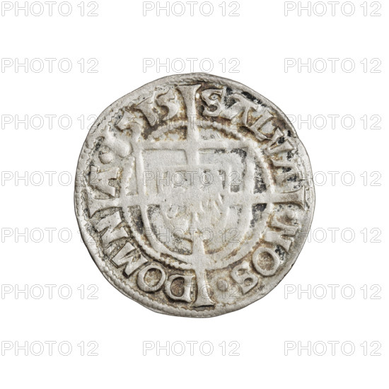 Teutonic groschen, Albrecht Hohenzollern (prince in Prussia; Grand Master; 1490–1568). Obverse: Brandenburg eagle with the Hohenzollern shield on its chest; on the rim between the pearly borders an inscription. Reverse: monastic shield of the Grand Master with a cross whose elongated, widening arms divide the rim legend and reach the outer rim; in the rim between the pearl borders there is an inscription. Hohenzollern coat of arms; Teutonic Knights (order). 1515. State of the Teutonic Order (1226–1525), Königsberg. Coin; diameter 21.1 mm; weight 1.60 g; axis 135°.