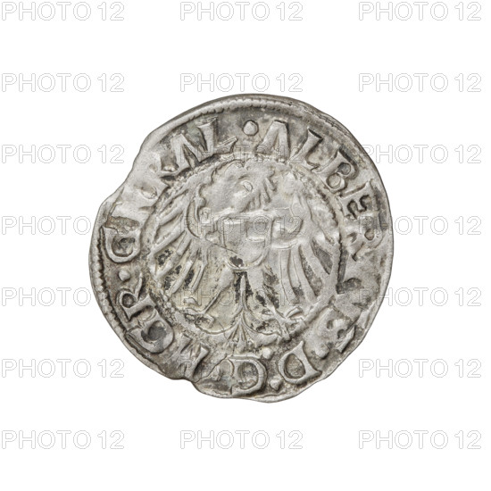 Teutonic groschen, Albrecht Hohenzollern (prince in Prussia; Grand Master; 1490–1568). Obverse: Brandenburg eagle with the Hohenzollern shield on his chest; on the rim, between pearl borders, an inscription. Reverse: Monastic shield of the Grand Master with a cross whose elongated, widening arms divide the rim legend and reach the outer rim; in the rim between the pearl borders there is an inscription. 1515. State of the Teutonic Order (1226–1525), Königsberg. Coin; diameter 21.2 mm; weight 1.58 g; axis 190°.